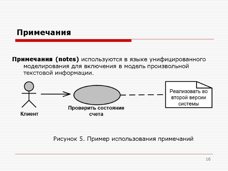 16 Примечания (notes) используются в языке унифицированного моделирования для включения в модель произвольной текстовой